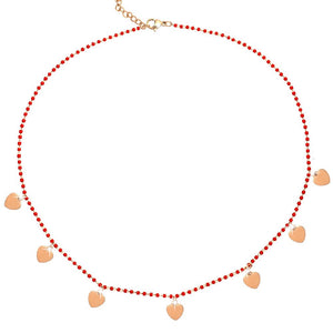 Collana girocollo con Cristalli tubolari colore Rosso e charms rose gold - Cuori -Beloved_gioielli