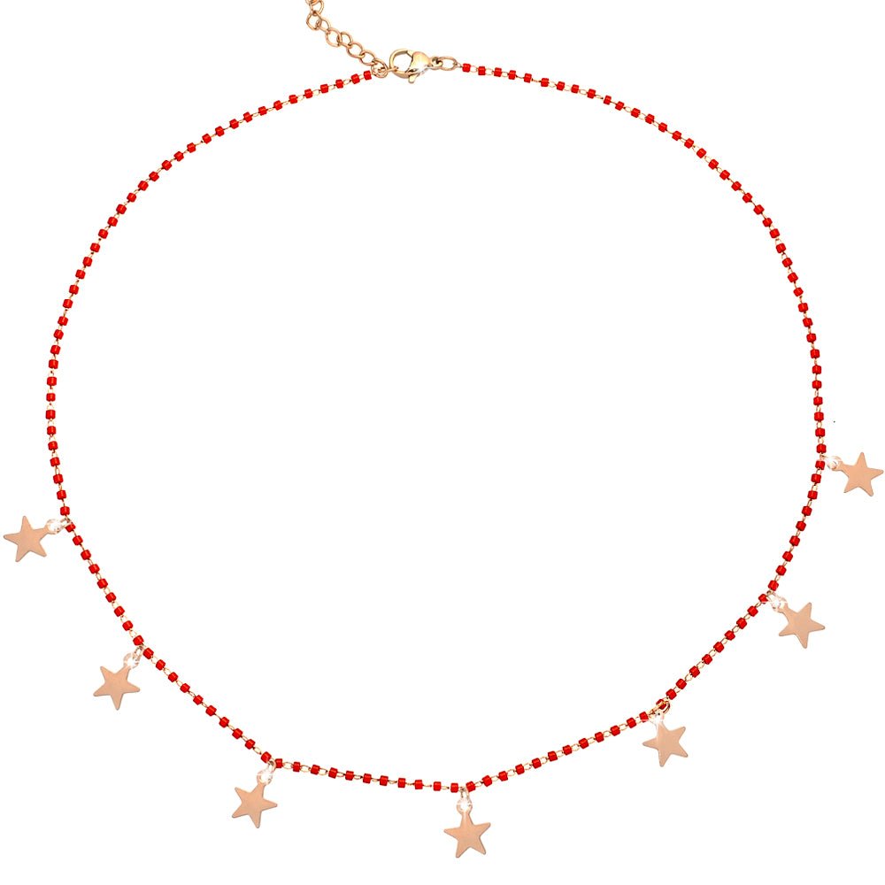 Collana girocollo con Cristalli tubolari colore Rosso e charms rose gold - Stelle -Beloved_gioielli