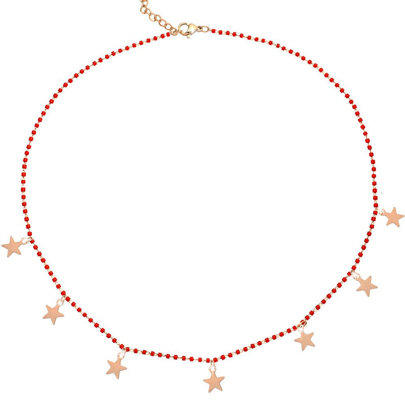 Collana girocollo con Cristalli tubolari colore Rosso e charms rose gold - Stelle -Beloved_gioielli
