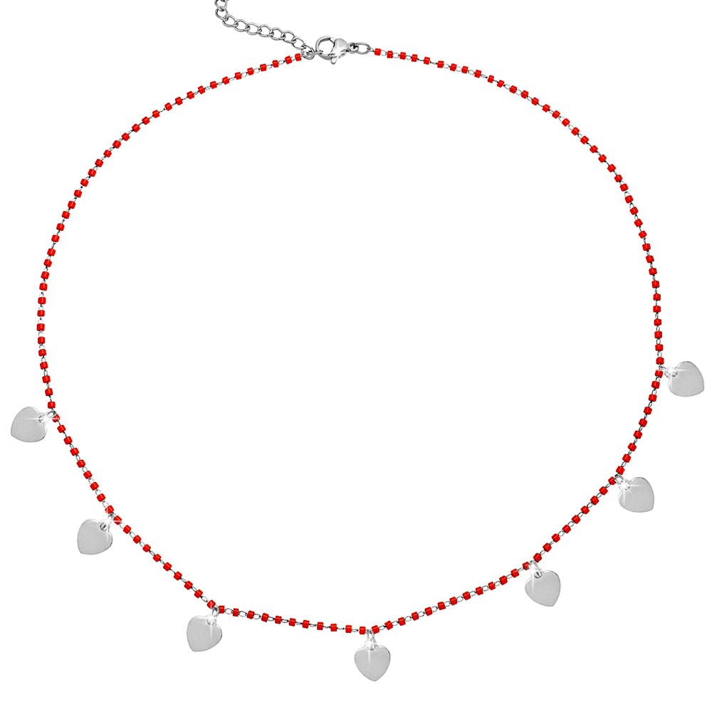 Collana girocollo con Cristalli tubolari colore Rosso e charms silver - Cuori -Beloved_gioielli