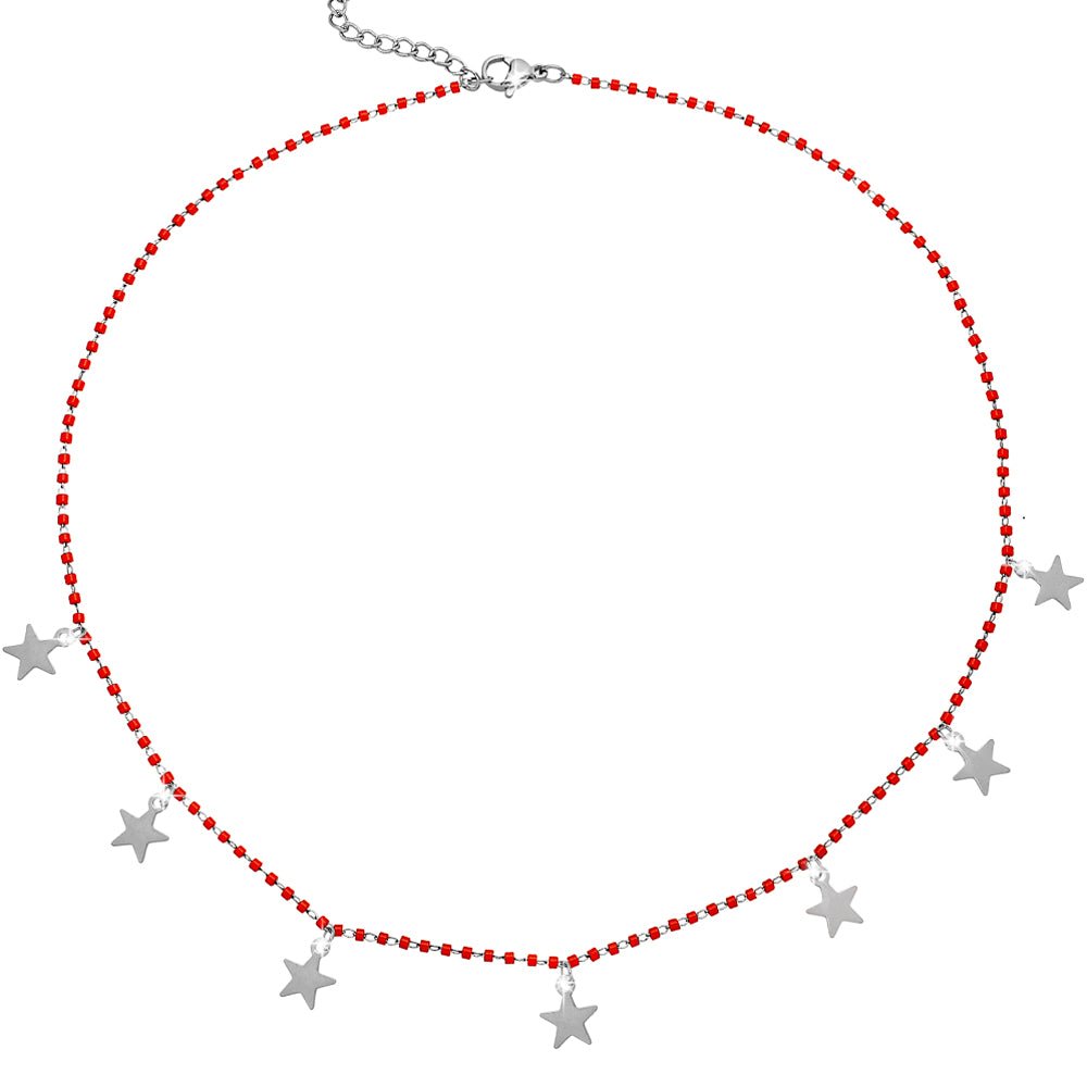 Collana girocollo con Cristalli tubolari colore Rosso e charms silver - Stelle -Beloved_gioielli