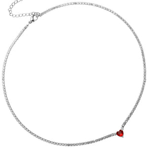 Collana Girocollo Tennis in Acciaio con Cuore centrale Rosso e Cristalli -Beloved_gioielli