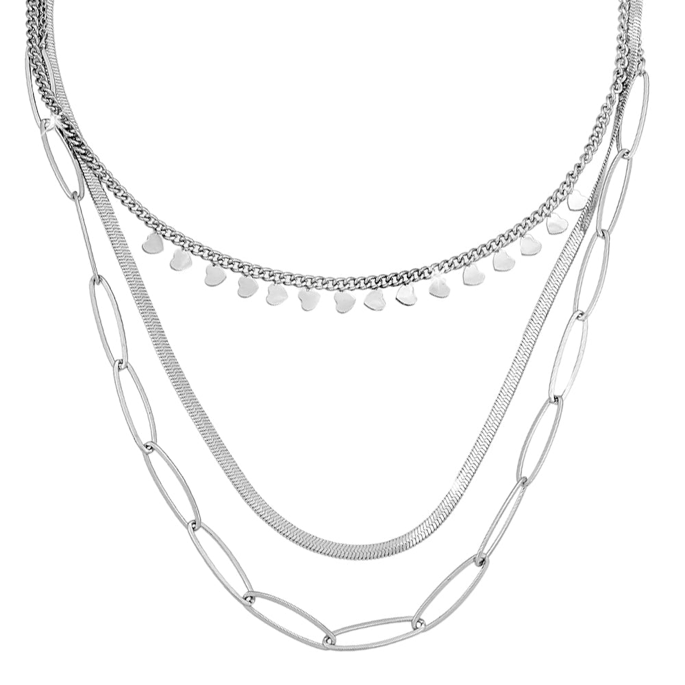 Collana in acciaio a tre file con Mix di catene Silver - Cuori -Beloved_gioielli