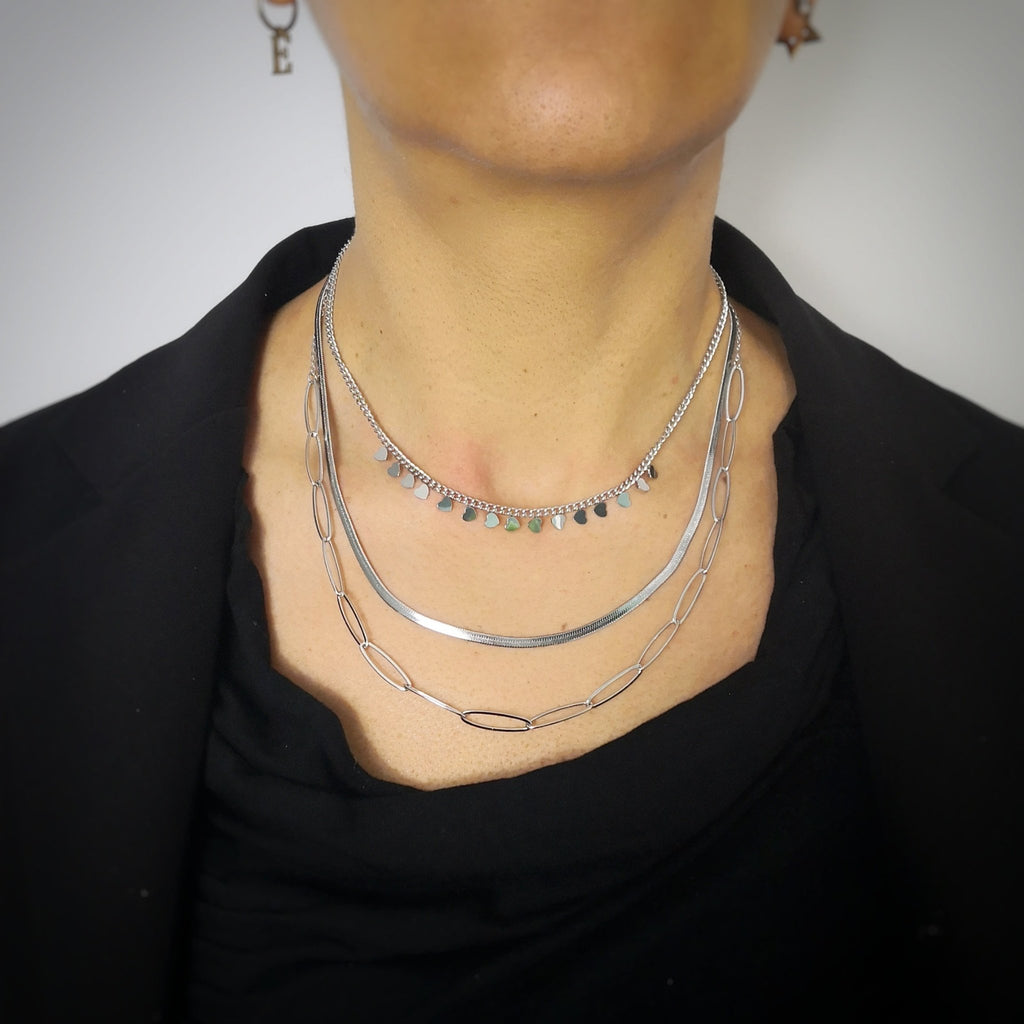 Collana in acciaio a tre file con Mix di catene Silver - Cuori -Beloved_gioielli