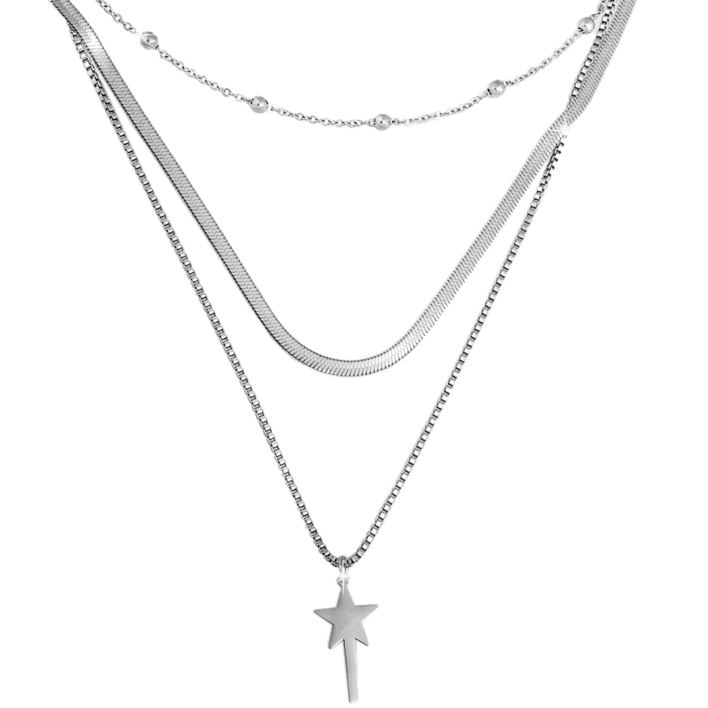 Collana in acciaio a tre file Silver con pendente - Bacchetta magica -Beloved_gioielli