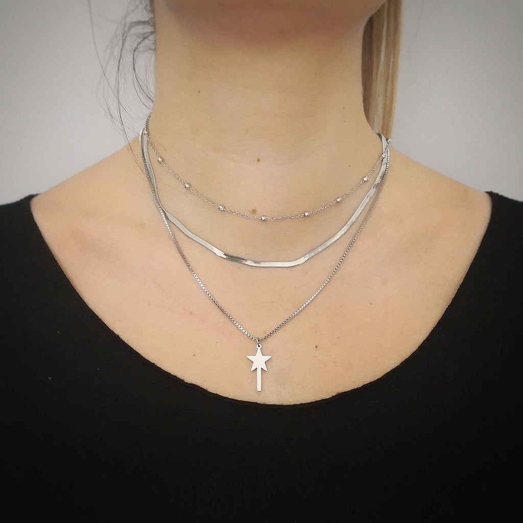 Collana in acciaio a tre file Silver con pendente - Bacchetta magica -Beloved_gioielli