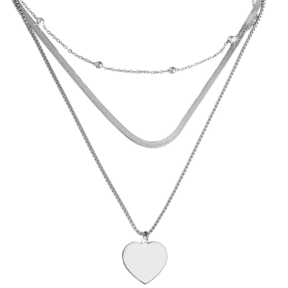 Collana in acciaio a tre file Silver con pendente - Cuore -Beloved_gioielli