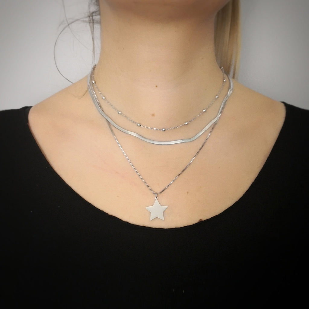 Collana in acciaio a tre file Silver con pendente - Stella -Beloved_gioielli