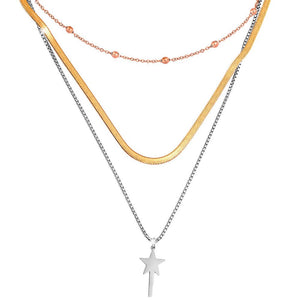 Collana in acciaio a tre file Silver, Rose gold e Gold con pendente - Bacchetta magica -Beloved_gioielli