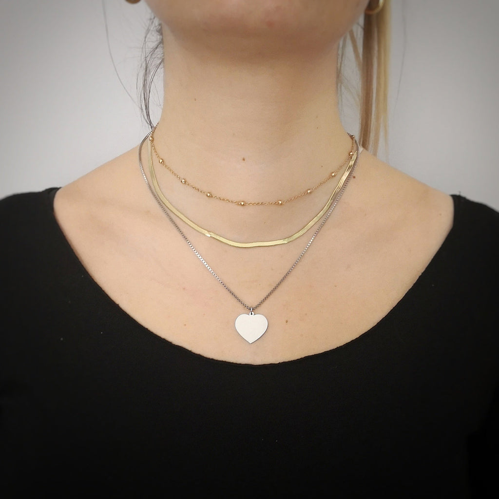 Collana in acciaio a tre file Silver, Rose gold e Gold con pendente - Cuore -Beloved_gioielli