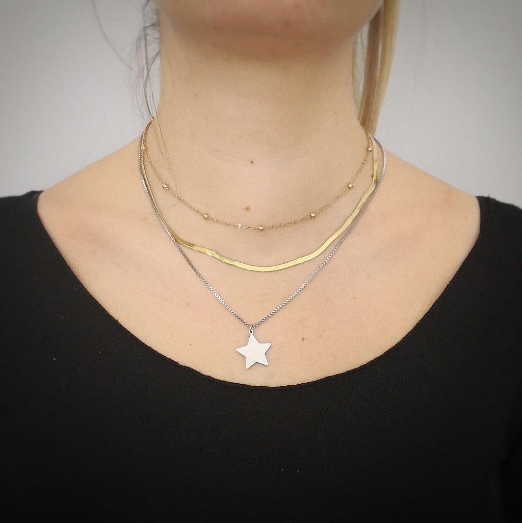 Collana in acciaio a tre file Silver, Rose gold e Gold con pendente - Stella -Beloved_gioielli