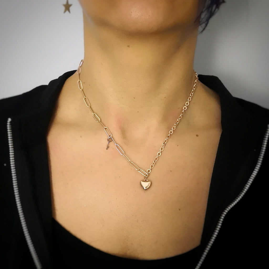Collana in acciaio con catenina mista rolò e squadrata Rose gold - Cuore e Chiave -Beloved_gioielli