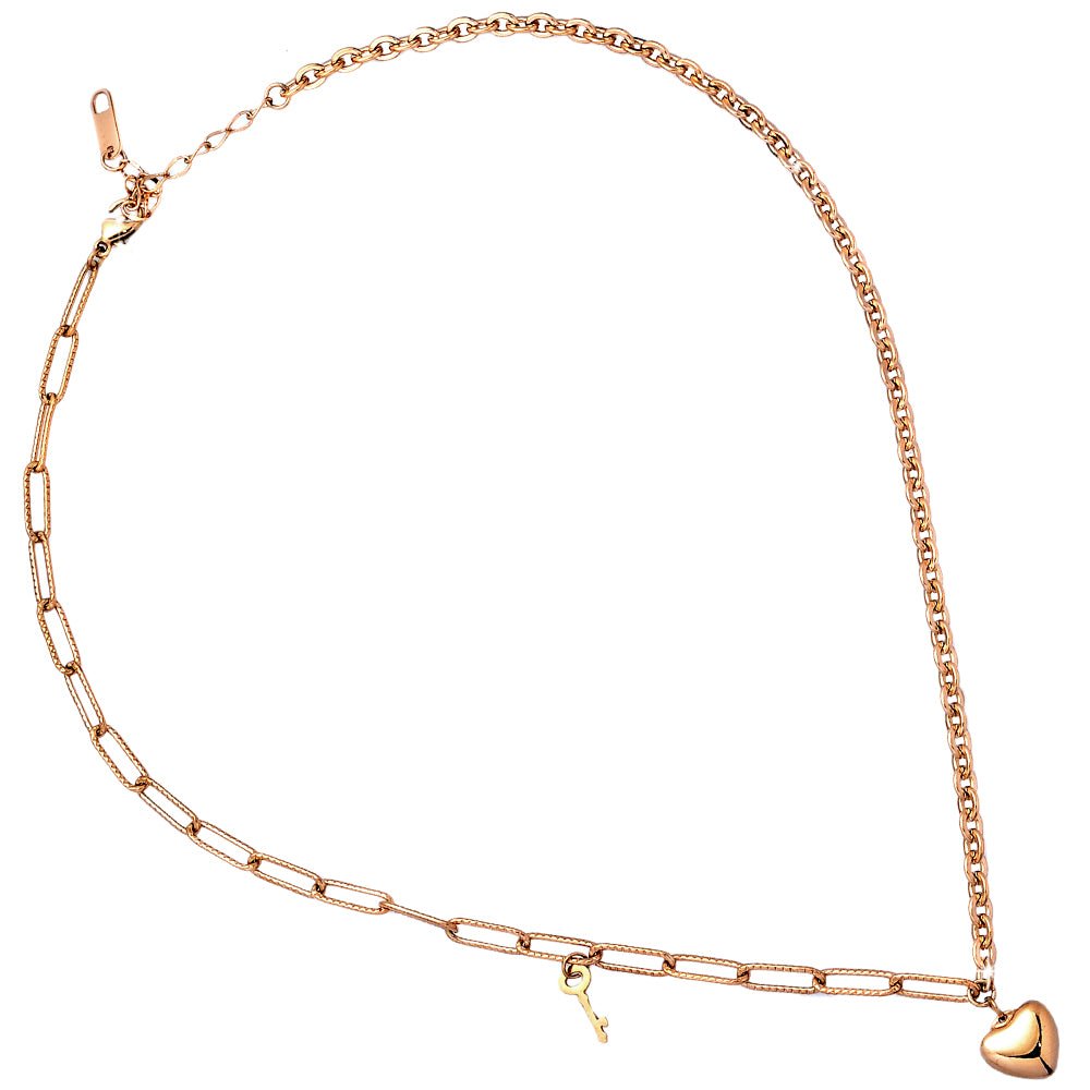 Collana in acciaio con catenina mista rolò e squadrata Rose gold - Cuore e Chiave -Beloved_gioielli