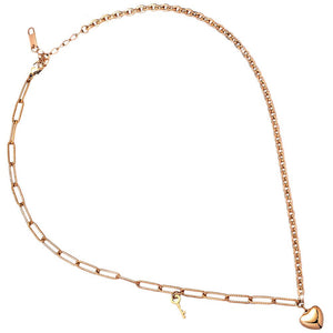 Collana in acciaio con catenina mista rolò e squadrata Rose gold - Cuore e Chiave -Beloved_gioielli