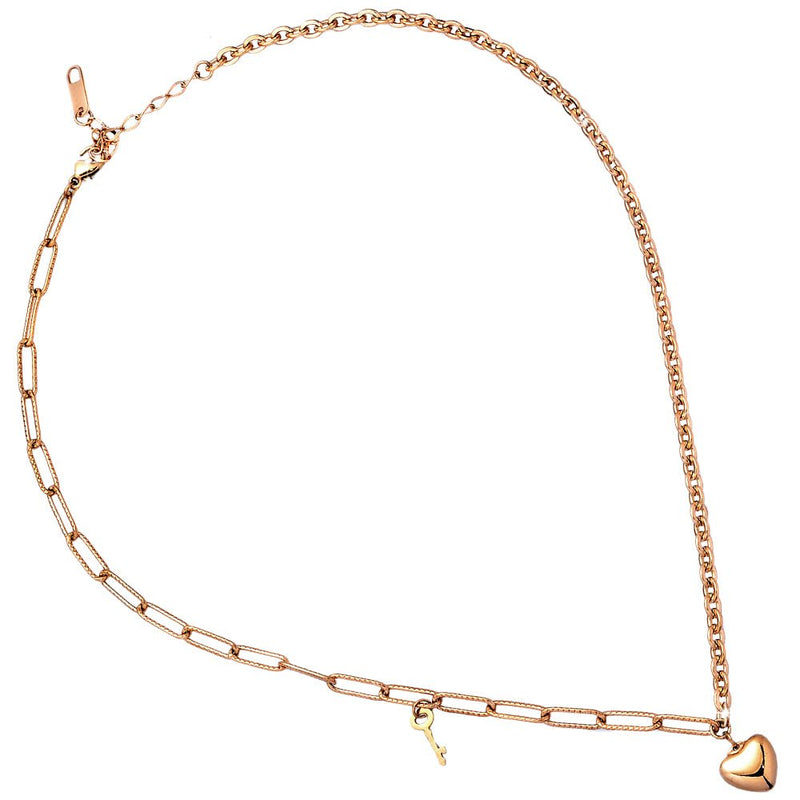 Collana in acciaio con catenina mista rolò e squadrata Rose gold - Cuore e Chiave -Beloved_gioielli
