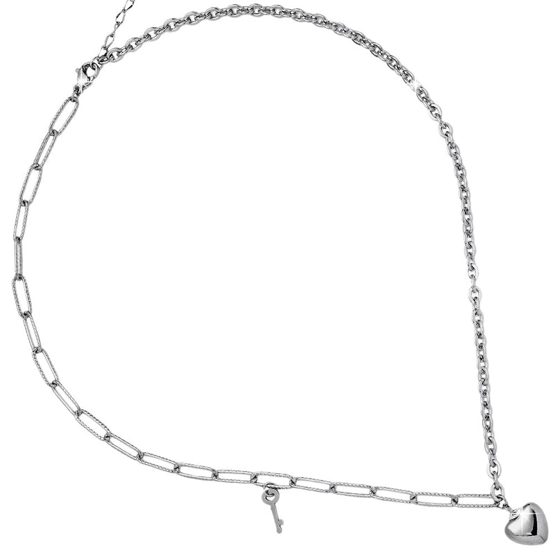 Collana in acciaio con catenina mista rolò e squadrata Silver - Cuore e Chiave -Beloved_gioielli