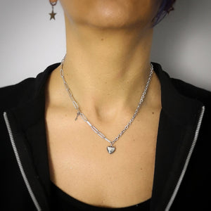 Collana in acciaio con catenina mista rolò e squadrata Silver - Cuore e Chiave -Beloved_gioielli