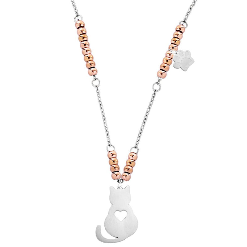 Collana in acciaio con pendente Gatto e Zampa - Silver e Rose gold -Beloved_gioielli