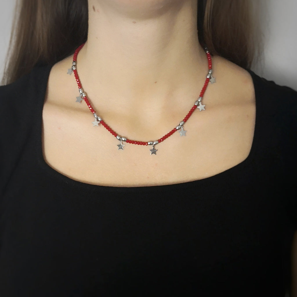 Collana in acciaio Crystal Chic - Cristalli Rossi e Stelle -Beloved_gioielli