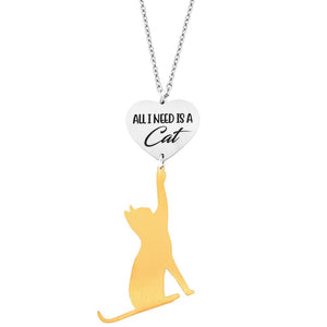 Collana lunga in acciaio con pendente Gatto e Cuore con incisione - Silver e Gold -Beloved_gioielli