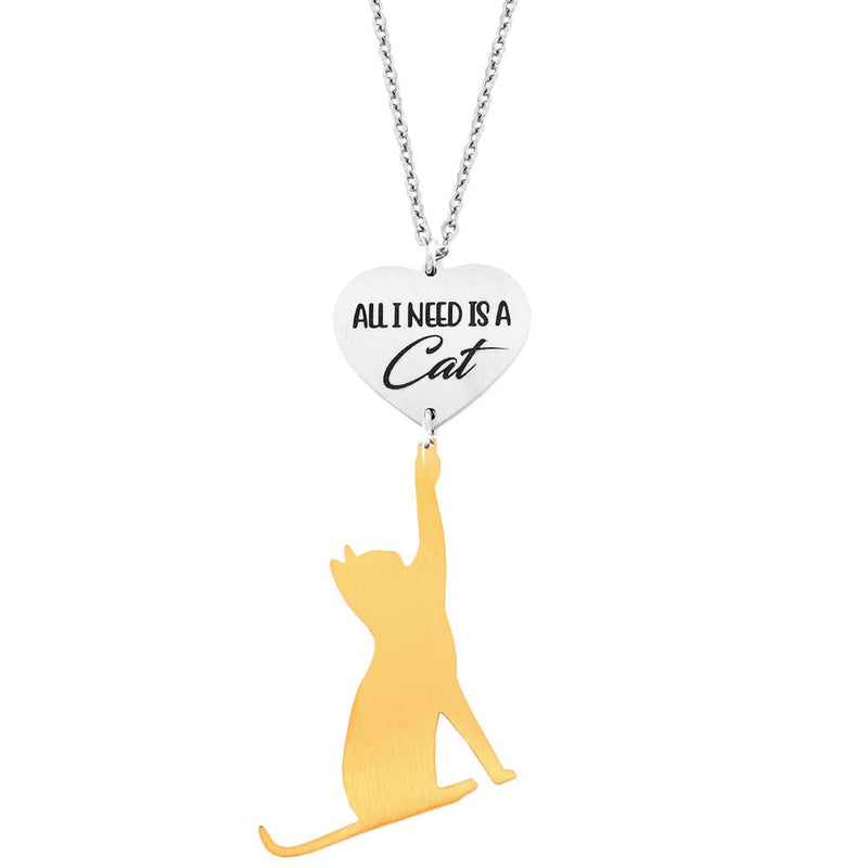 Collana lunga in acciaio con pendente Gatto e Cuore con incisione - Silver e Gold -Beloved_gioielli