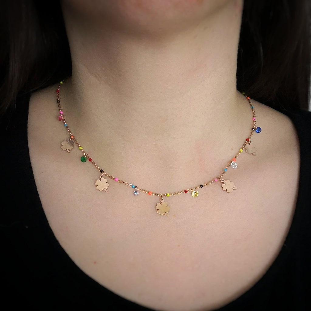 Collana SUMMER VIBES con cristalli e smalti - Rose gold Quadrifogli -Beloved_gioielli