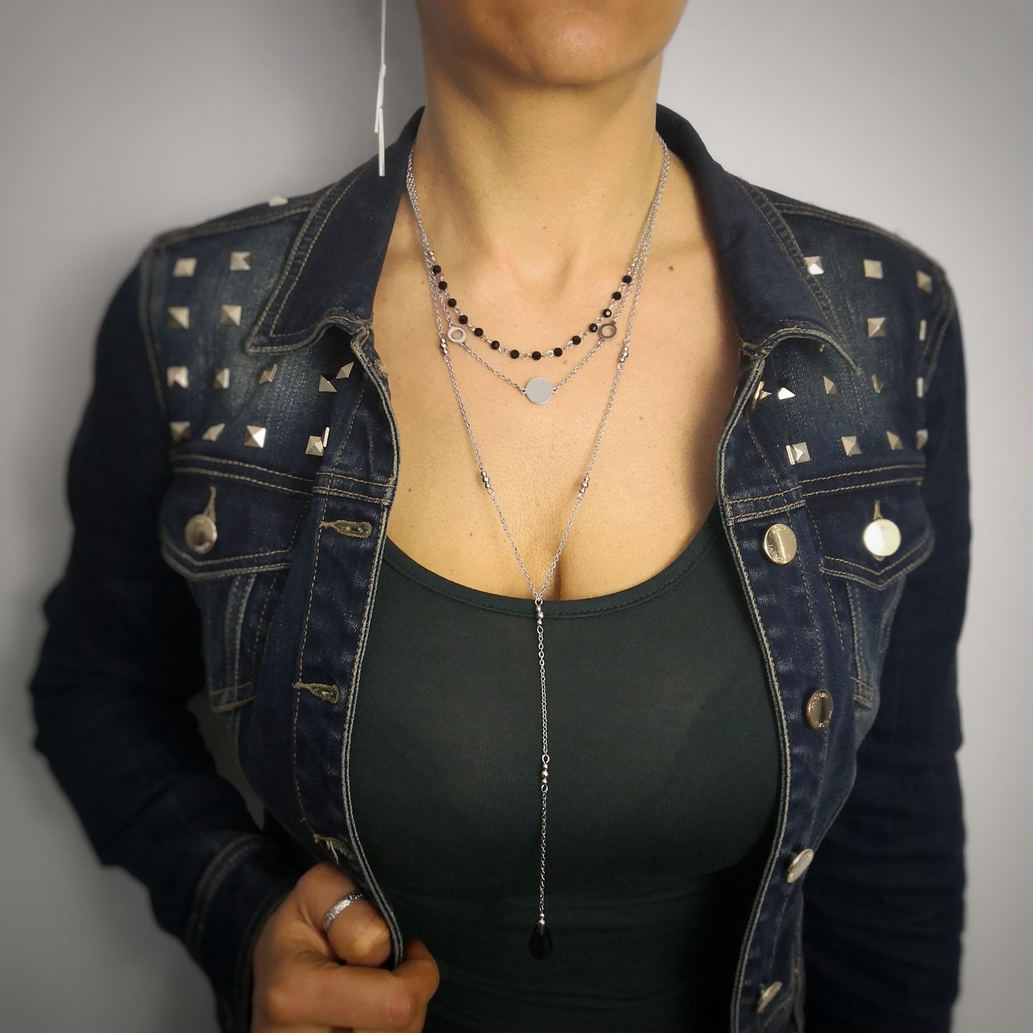 Beloved ❤️ Collana donna tre file in acciaio con cristalli briolè neri - Charms pendenti a tema - Lunghezza regolabile con moschettone - Quadrifogli (Alberi della vita Beloved ❤️ Collana donna tre file in acciaio con cristalli briolè neri - Charms pendenti a tema - Lunghezza regolabile con moschettone - Quadrifogli (Alberi della vita