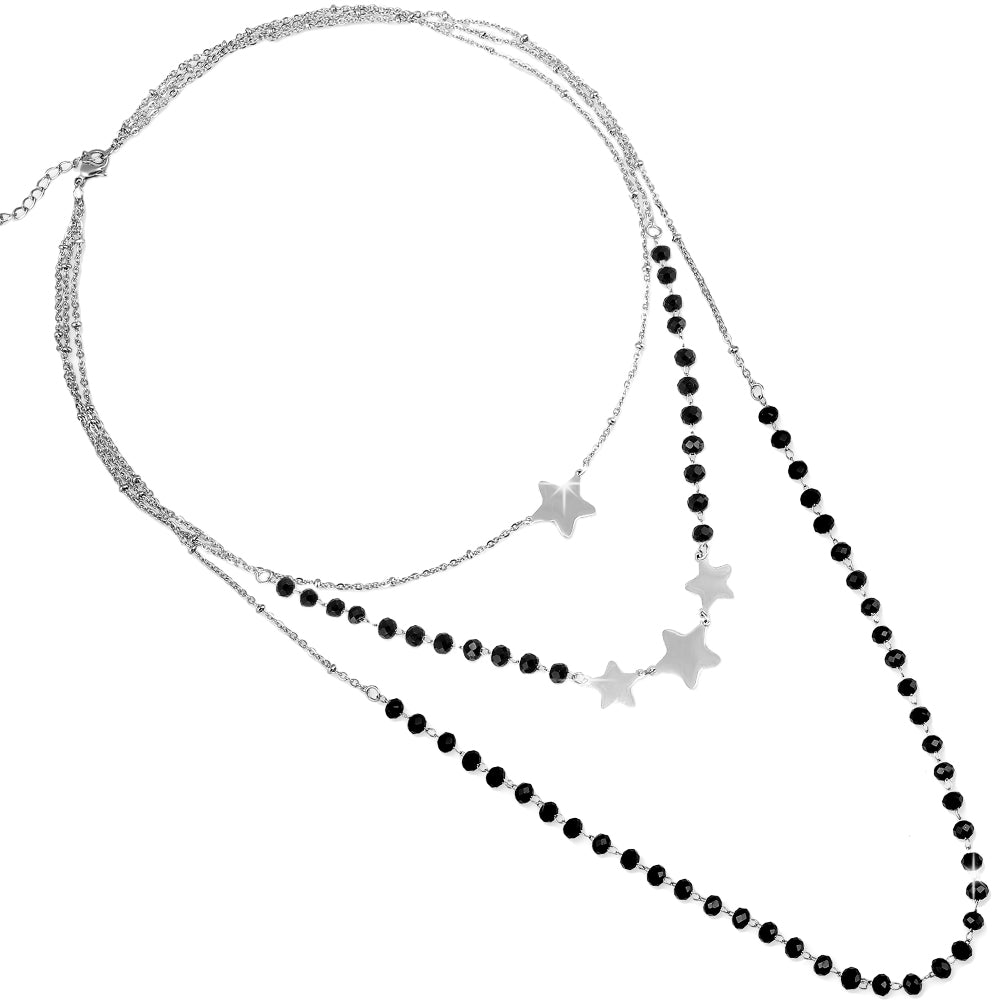Collana Tre File Con Cristalli Briolè Neri, Cristallo A Goccia E Charms Silver Stelle Collana Tre File Con Cristalli Briolè Neri, Cristallo A Goccia E Charms Silver Stelle