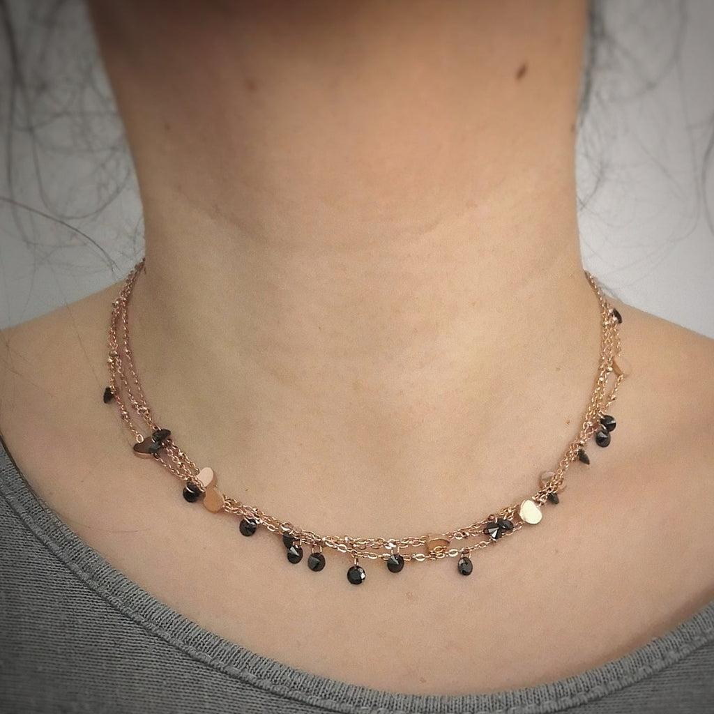 Girocollo stretto 3 file Rose gold con cristalli e Cuori -Beloved_gioielli