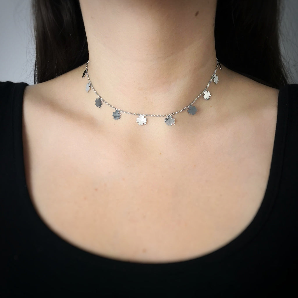 Girocollo stretto donna con 11 Quadrifogli pendenti Silver -Beloved_gioielli