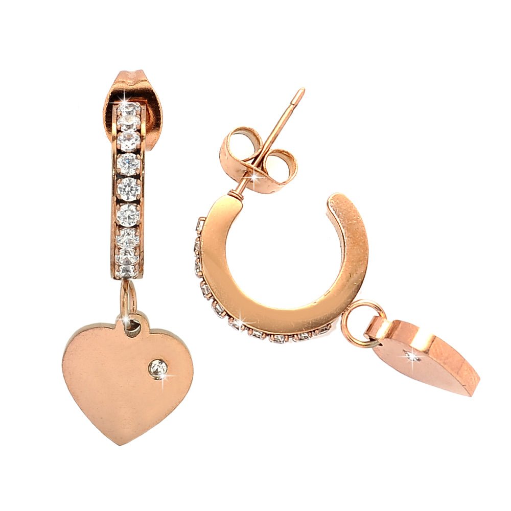 Orecchini con cristalli a binario e pendente colore Rose gold - Cuore -Beloved_gioielli