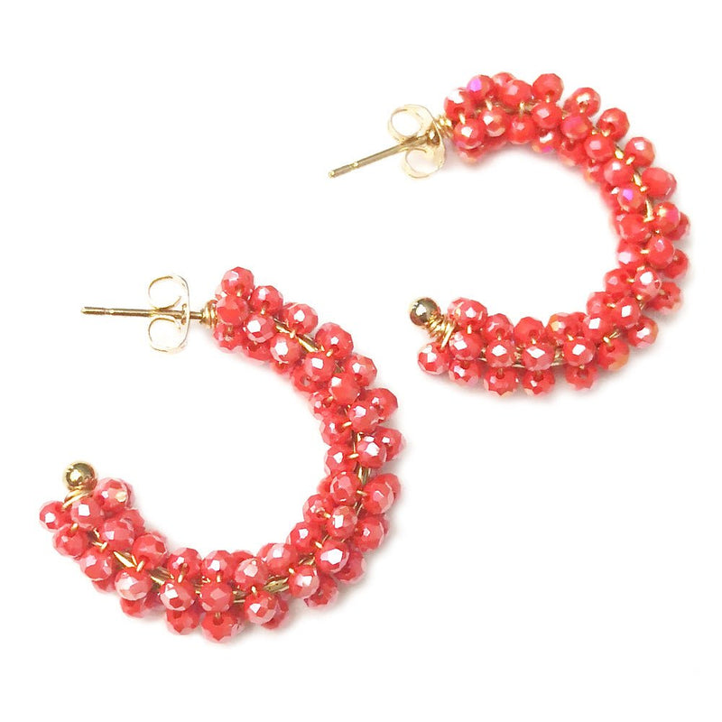 Orecchini in acciaio colore gold con cristalli naturali - Cerchio perline Corallo -Beloved_gioielli