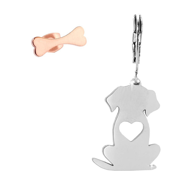 Orecchini in acciaio con Cane pendente e Osso a lobo - Silver e Rose gold -Beloved_gioielli