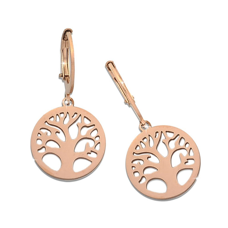 Orecchini in acciaio con cerchio e charm pendente Rose gold - Albero della vita -Beloved_gioielli