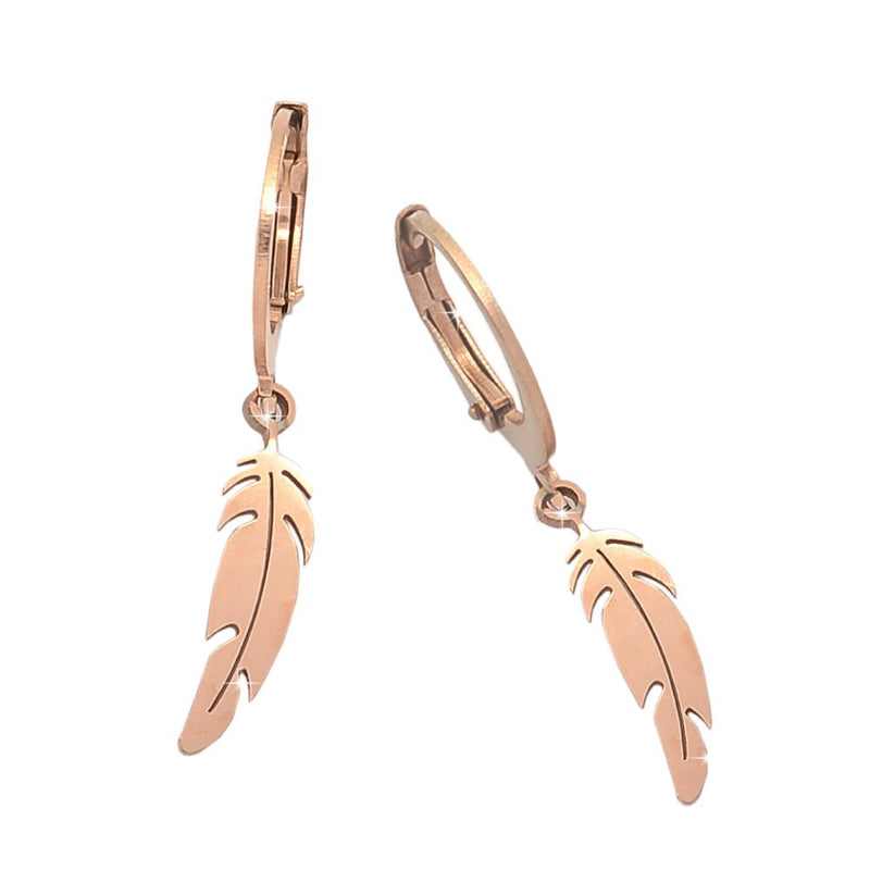 Orecchini in acciaio con cerchio e charm pendente Rose gold - Piuma -Beloved_gioielli