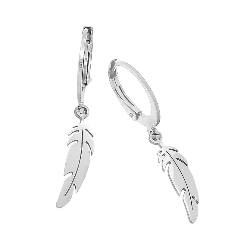 Orecchini in acciaio con cerchio e charm pendente Silver - Piuma -Beloved_gioielli