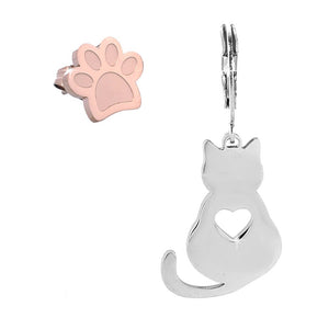 Orecchini in acciaio con Gatto pendente e Zampina a lobo - Silver e Rose gold -Beloved_gioielli