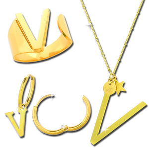 Parure anello, collana e orecchini Lettera Metal in acciaio Gold -Beloved_gioielli